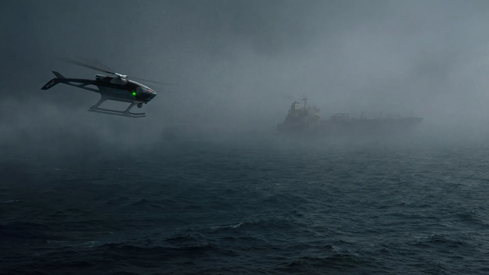 ANAVIA HT-100 Naval patrolling over ocean with warship in fog